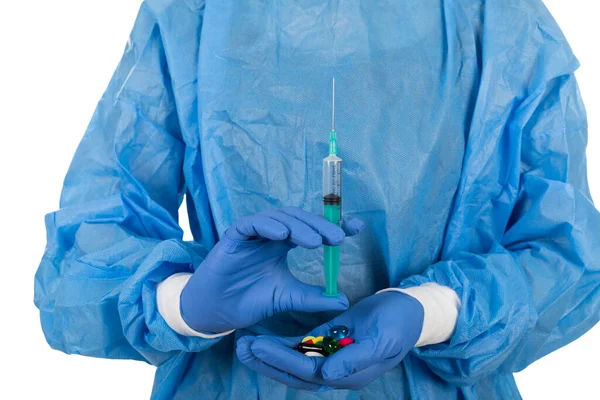 Close Picture Surgeon Protective Uniform Gloves Holding Injection Medical Drugs — Stock Photo, Image