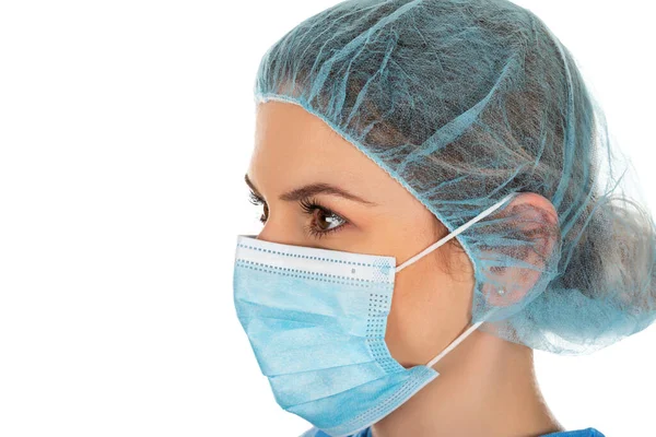Portrait Young Female Surgeon Wearing Protective Uniform Mask Cap Gloves Royalty Free Stock Photos