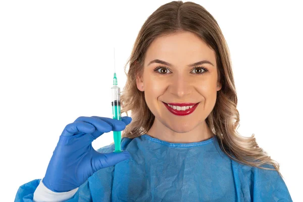 Beautiful Young Aesthetician Sterile Uniform Holding Aging Injection Isolated Background — Stock Photo, Image