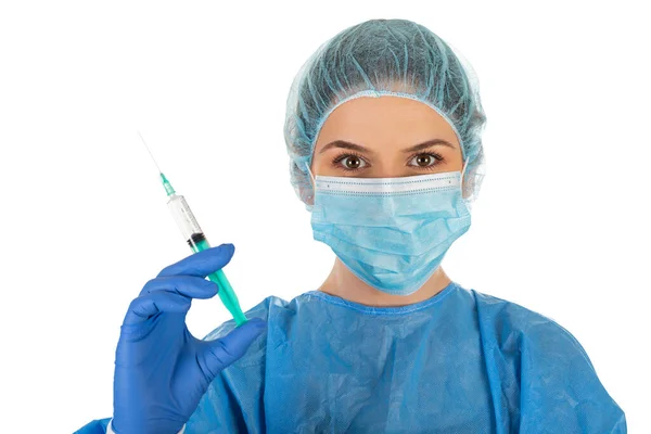 Female Doctor Isolated Mask Sterile Equipment Holding Coronavirus Vaccine — Stock Photo, Image