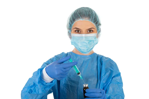 Kvinnlig Läkare Isolerad Med Mask Och Steril Utrustning Håller Coronavirus — Stockfoto