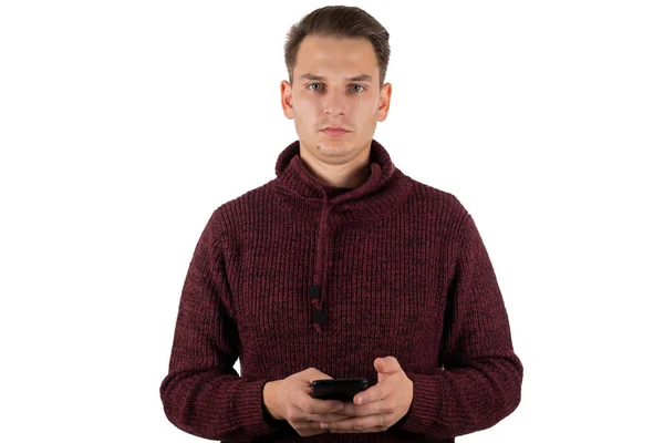 Akıllı Telefon Tutan Genç Bir Adam Izole Edilmiş Arka Planda — Stok fotoğraf