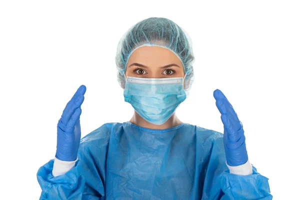 Giovane Infermiera Medica Indossa Blu Uniforme Protettiva Sfondo Isolato — Foto Stock