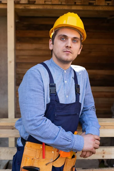 Portrait Confident Young Workman Wearing Yellow Helmet Blue Uniform Diy — Stock Photo, Image