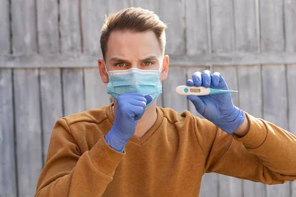 Portrait Young Man Contaminated Covid Wearing Mask Gloves Holding Digital — Stock Photo, Image