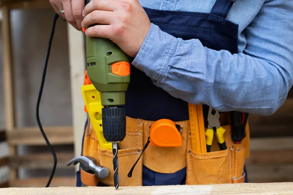 Close Picture Construction Worker Holding Electric Drill Renovation Home — Stock Photo, Image