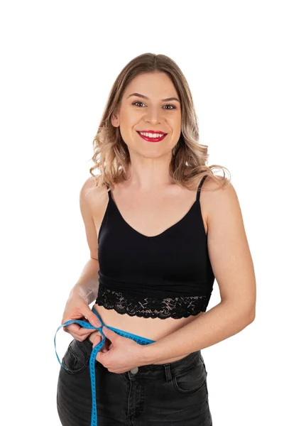 Cintura Feminina Jovem Segurando Uma Fita Métrica Fundo Isolado Perda — Fotografia de Stock