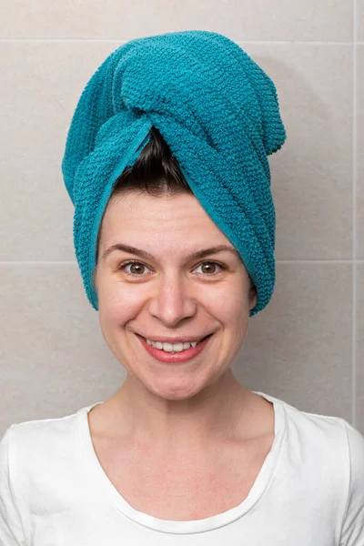 Portrait Cheerful Woman Towel Head Smiling Camera Bathroom — Stock Photo, Image