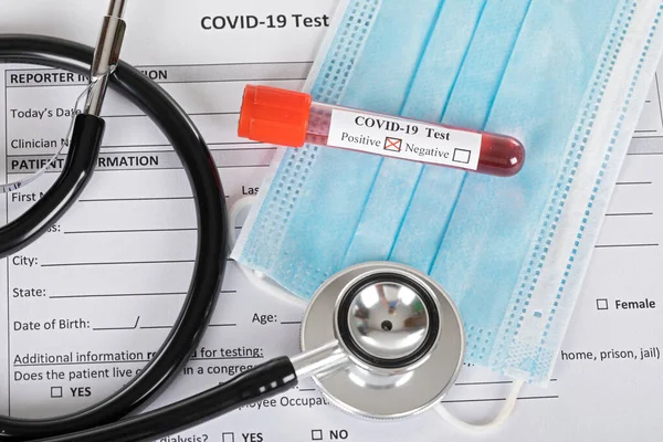 Covid Blood Sample Wood Background Positive Tests — 스톡 사진