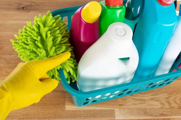 Top View Cleaning Supplies Sanitary Equipment Wooden Background — Stock Photo, Image