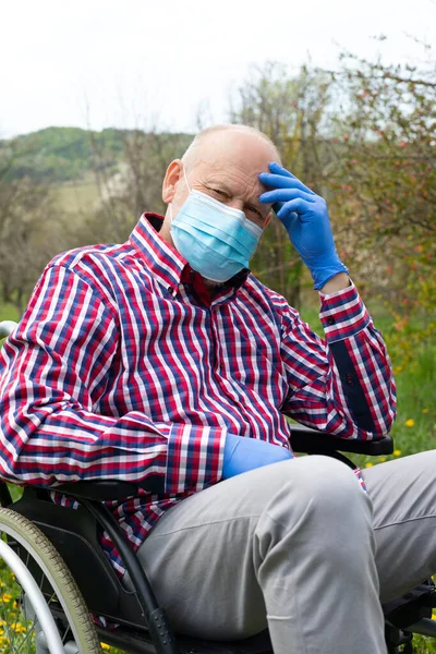 Elderly man with surgical mask sitting in a wheel chair outdoor - risk for covid-19 infection