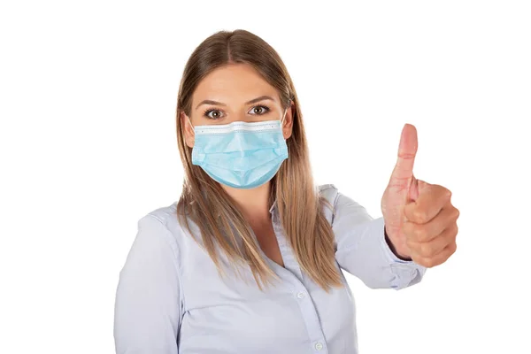 Caucasian Woman Surgical Mask Showing Thumbs Isolated Background — Stock Photo, Image