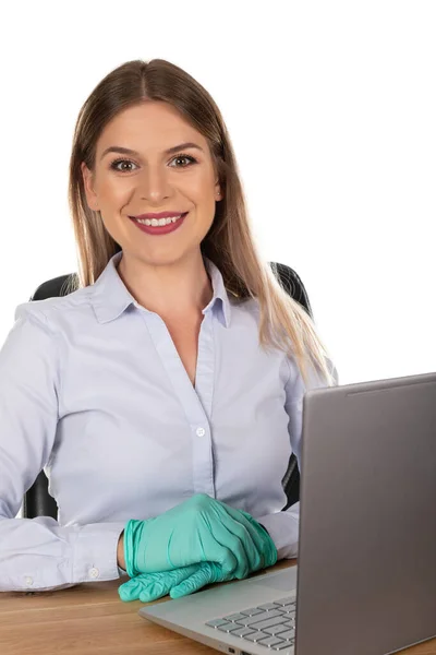 Beautiful Young Business Woman Work Wearing Gloves Extra Hygiene Pandemic — Stock Photo, Image