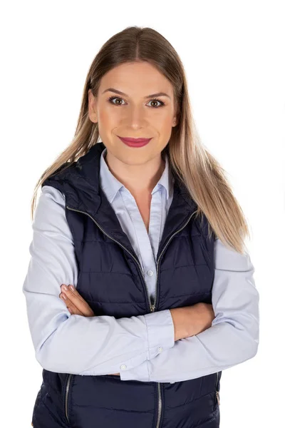 Portrait Beautiful Caucasian Woman Smiling Camera Isolated Background — Stock Photo, Image