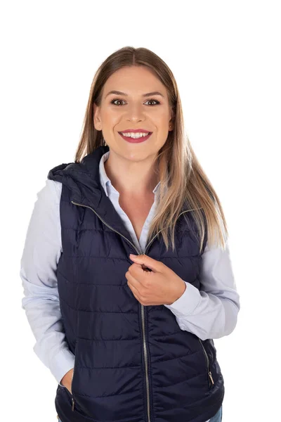 Retrato Uma Bela Mulher Caucasiana Sorrindo Para Câmera Fundo Isolado — Fotografia de Stock