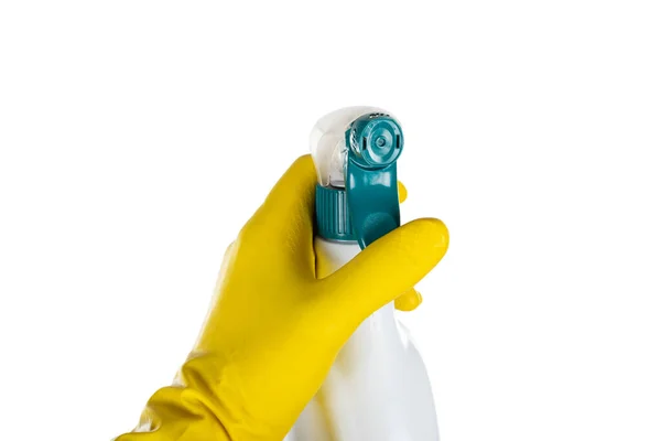 Close Picture Human Hand Yellow Rubber Glove Holding Cleaning Detergent — Stock Photo, Image