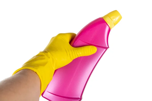 Close Picture Human Hand Yellow Rubber Glove Holding Cleaning Detergent — Stock Photo, Image