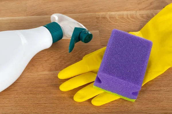 Picture Colorful Cleaning Supplies Tools Wooden Background — Stock Photo, Image