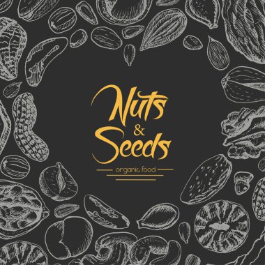 Vektör arka plan ile fındık ve tohumlar siyah arka plan üzerinde