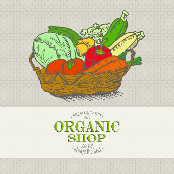 Tło z warzywami w koszyku. Sklep organicznych — Wektor stockowy