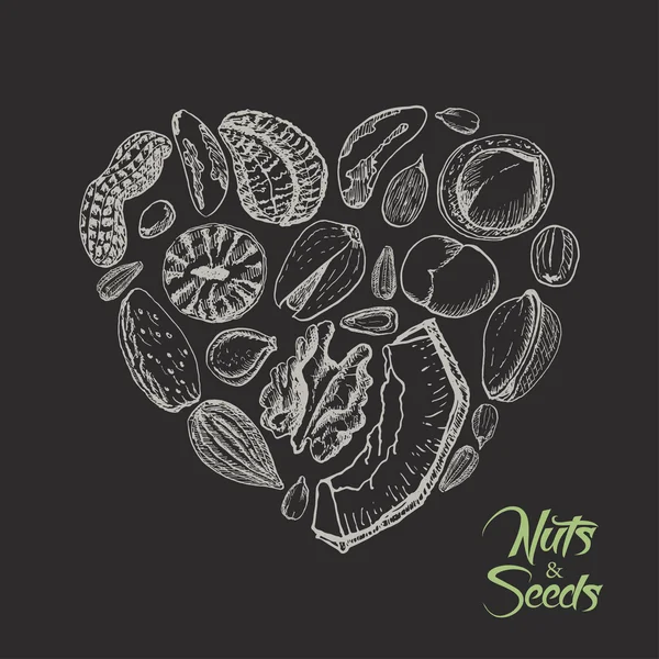 Il cuore isolato di noci e semi su sfondo nero — Vettoriale Stock