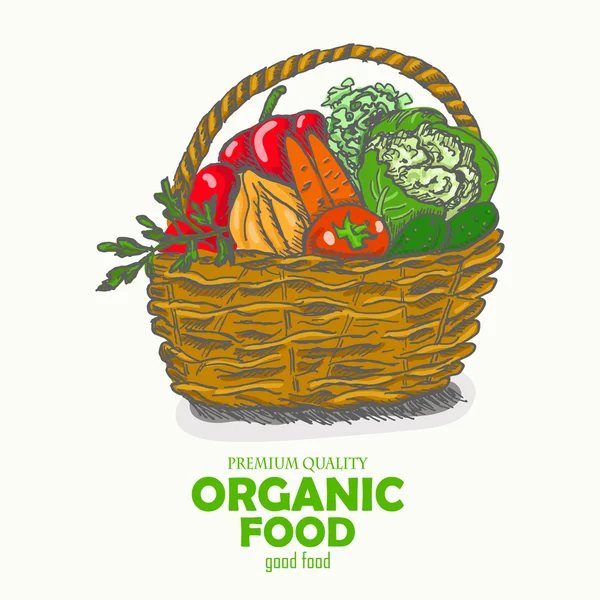 Fondo vectorial con verduras en la cesta. Alimentos ecológicos — Vector de stock