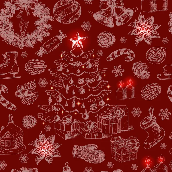 Motivo di Natale senza cuciture su uno sfondo rosso — Vettoriale Stock