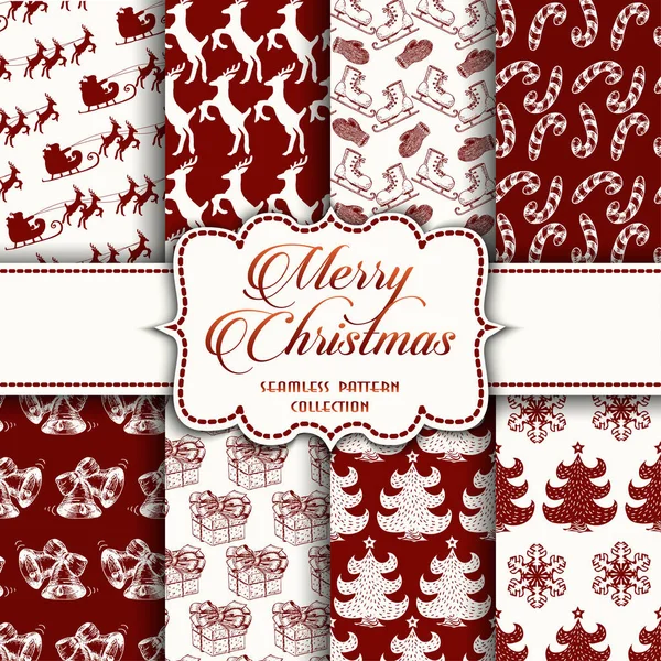Christmas Collection of seamless patterns with red and white colors — Stock Vector