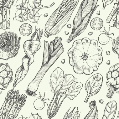 Taze sebze ile Seamless modeli. Mısır, cherry domates, kuşkonmaz, enginar, kabak, havuç, ıspanak, pırasa ve 