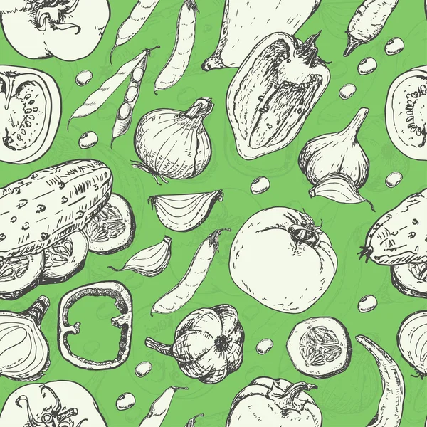 Бесшовный узор со свежими овощами. Помидор, перец, огурец, чили, лук, чеснок и бобы — стоковый вектор