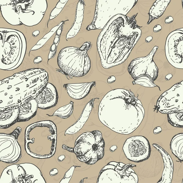 Taze sebze ile Seamless modeli. Domates, biber, salatalık, biber, soğan, sarımsak ve fasulye