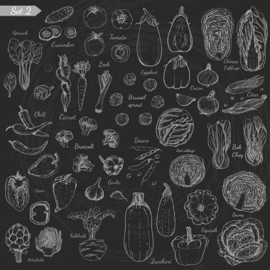 Sebze kroki tarzı siyah arka plan üzerine büyük kümesi