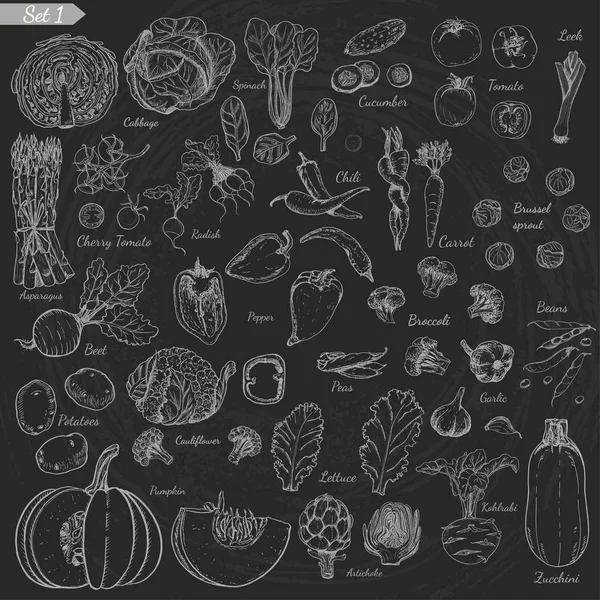 Gran conjunto de verduras en estilo de boceto sobre fondo negro — Vector de stock