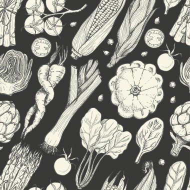 Taze sebze ile Seamless modeli. Mısır, cherry domates, kuşkonmaz, enginar, kabak, havuç, ıspanak, pırasa ve 