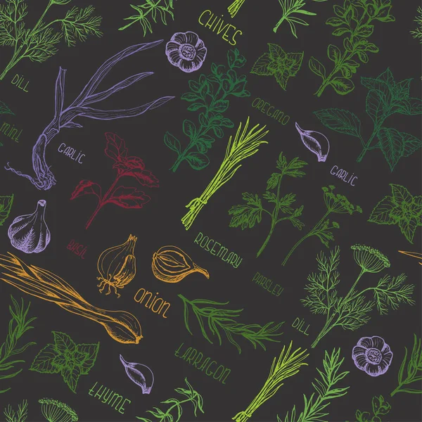Motif sans couture avec des épices et des herbes sur fond sombre — Image vectorielle