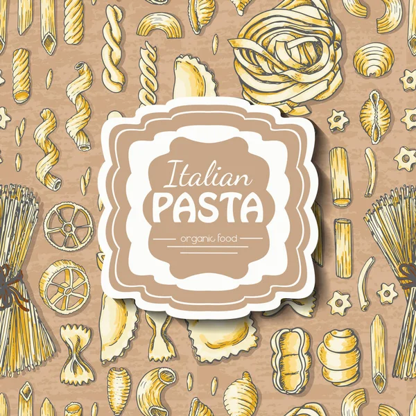 Patrón sin costuras con pasta italiana sobre fondo beige e inscripción en el centro — Vector de stock