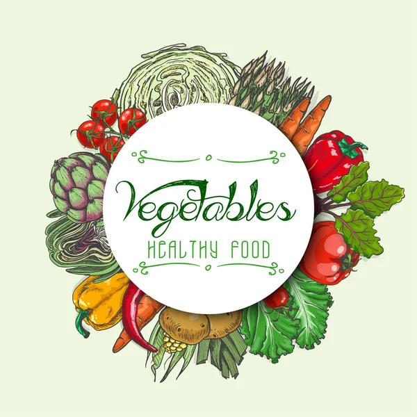 Verse groenten in een cirkel en een inscriptie in het midden — Stockvector