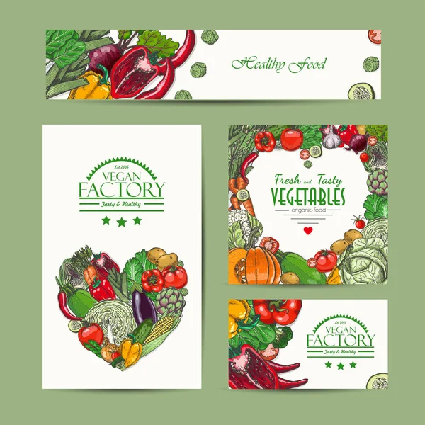 Verzameling van vector kaarten met verse en gezonde groenten — Stockvector
