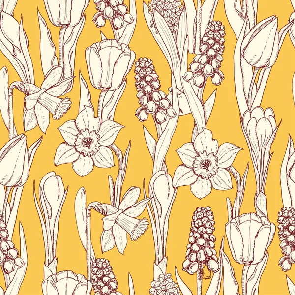 Patrón sin costuras con flores de primavera sobre fondo amarillo — Archivo Imágenes Vectoriales