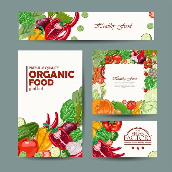 Conjunto de tarjetas vectoriales con verduras frescas y saludables — Vector de stock