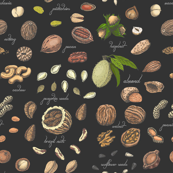 Seamless pattern with colored nuts and seeds