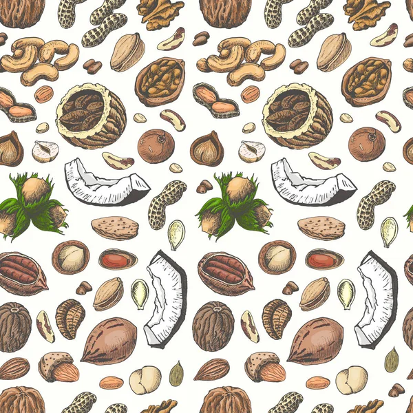 Seamless pattern with colored nuts and seeds — Stock Vector