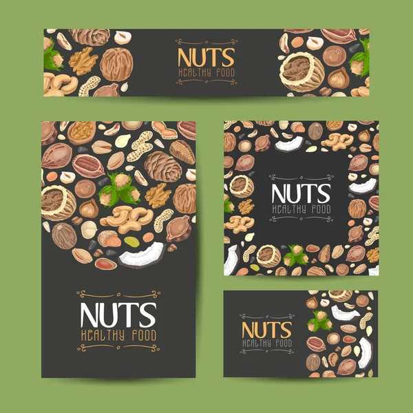 Conjunto de tarjetas vectoriales con frutos secos y semillas — Vector de stock