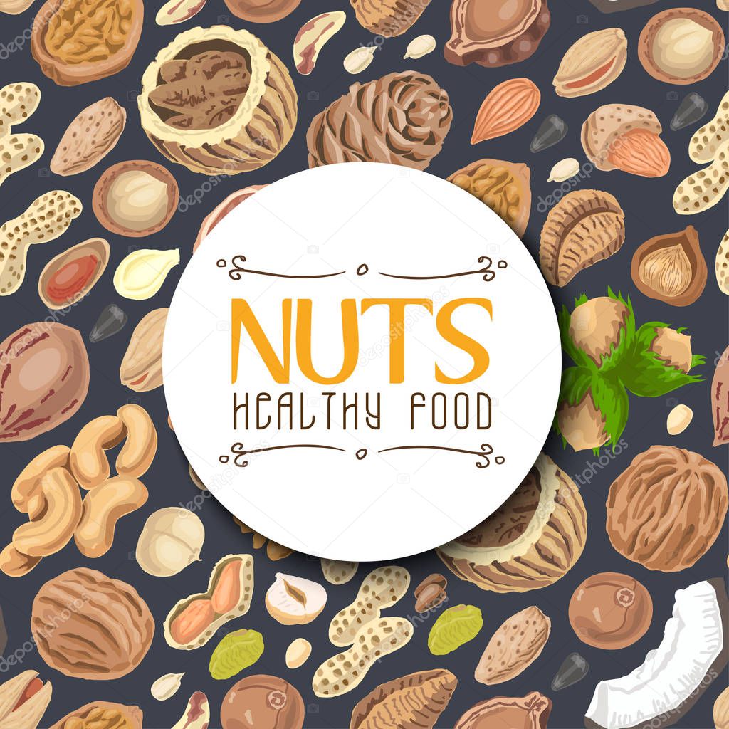 Seamless background with colored nuts and seeds with an inscription in the middle