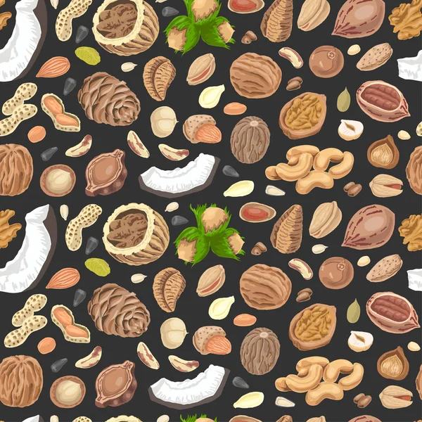 Seamless pattern with colored nuts and seeds — Stock Vector