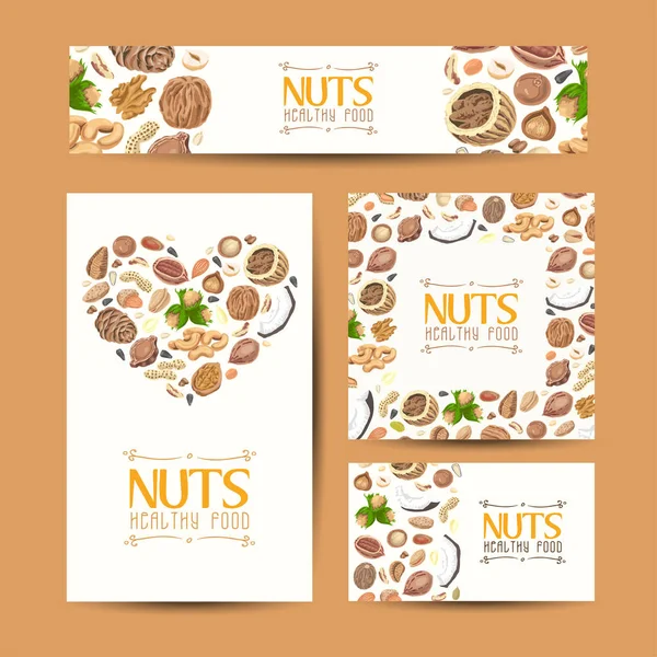 Conjunto de tarjetas vectoriales con frutos secos y semillas — Vector de stock