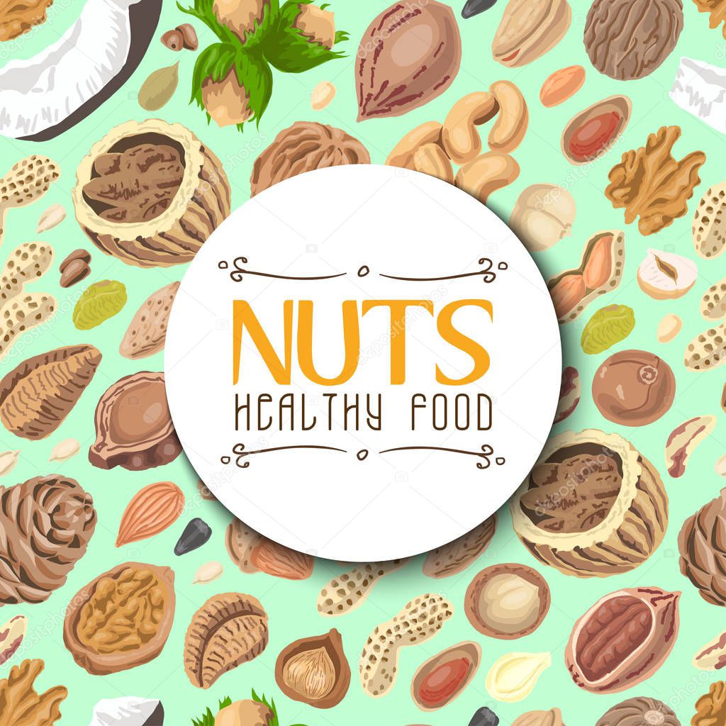 Seamless background with colored nuts and seeds with an inscription in the middle