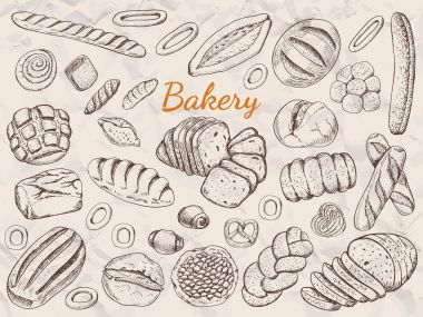 El vintage vektör çizim - ekmek ayarla çekilmiş. Organik gıda.