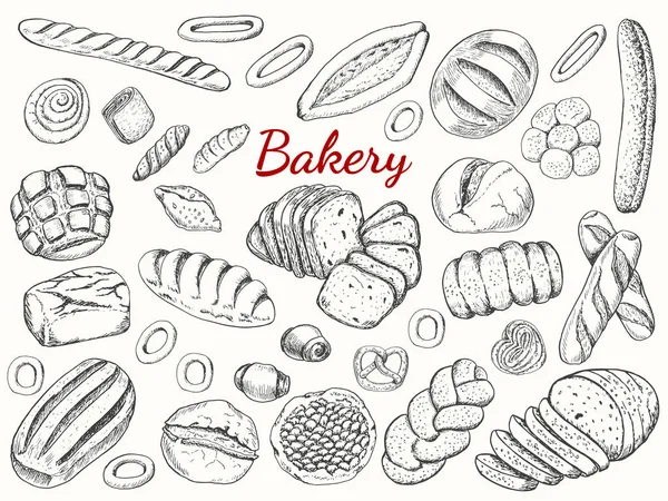 Illustration vectorielle vintage dessinée à la main - Ensemble de boulangerie. Aliments biologiques . — Image vectorielle