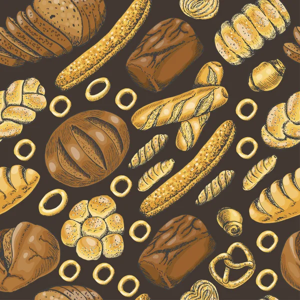 Patrón sin costura con una variedad de productos de panadería — Archivo Imágenes Vectoriales